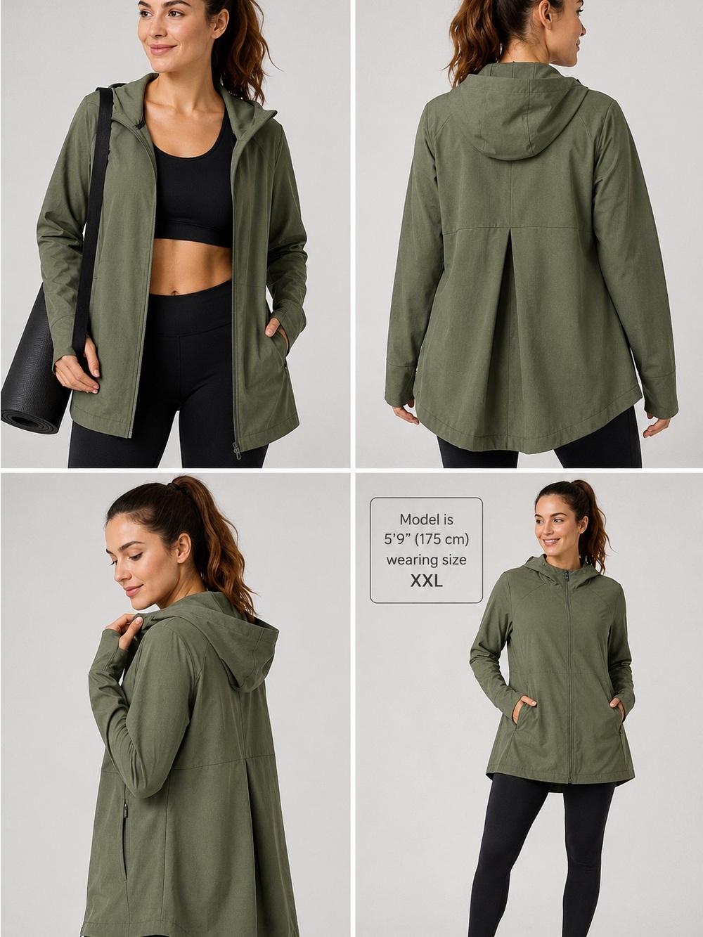 XXL Lightweight Hooded Jacket Olive Green Water Repellent Thumbholes Zip Pockets